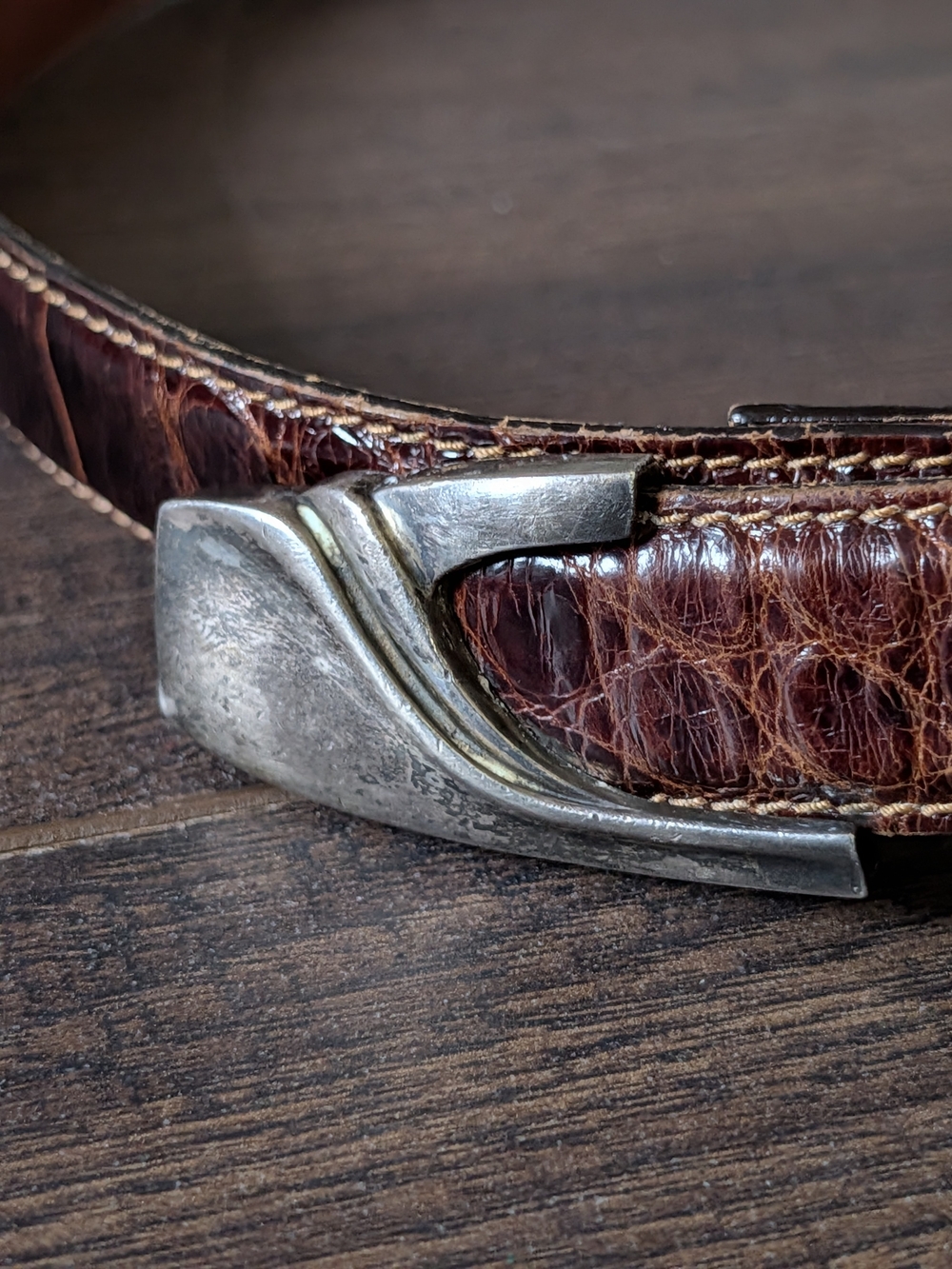 KIESELSTEIN-CORD Chunky 925 Sterling Silver Buckle & Tip Brown Alligator Belt - Picture 3 of 16